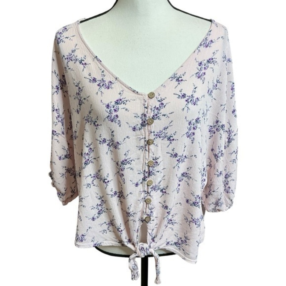 M. Fasis Floral Button Up Blouse Front Tie Waist Light Pink Purple V Neck 3X